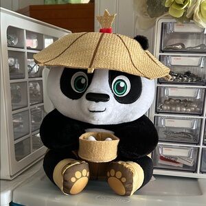Cute Plush Panda with Straw Hat and Dumpling Basket - Black, White, Tan